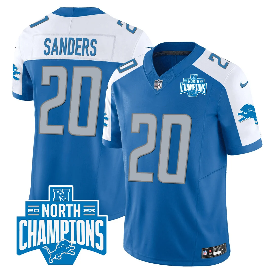 Mens Detroit Lions 2023 NFC North Division Champions Patch Vapor Jersey Barry Sanders Jersey Blue Alternate