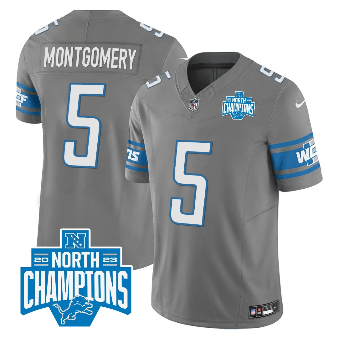 Mens Detroit Lions 2023 NFC North Division Champions Patch Vapor Jersey David Montgomery Jersey Gray