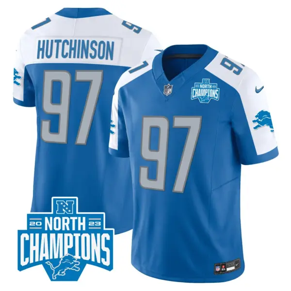 Mens Detroit Lions 2023 NFC North Division Champions Patch Vapor Jersey Hutchinson Jersey Blue Alternate