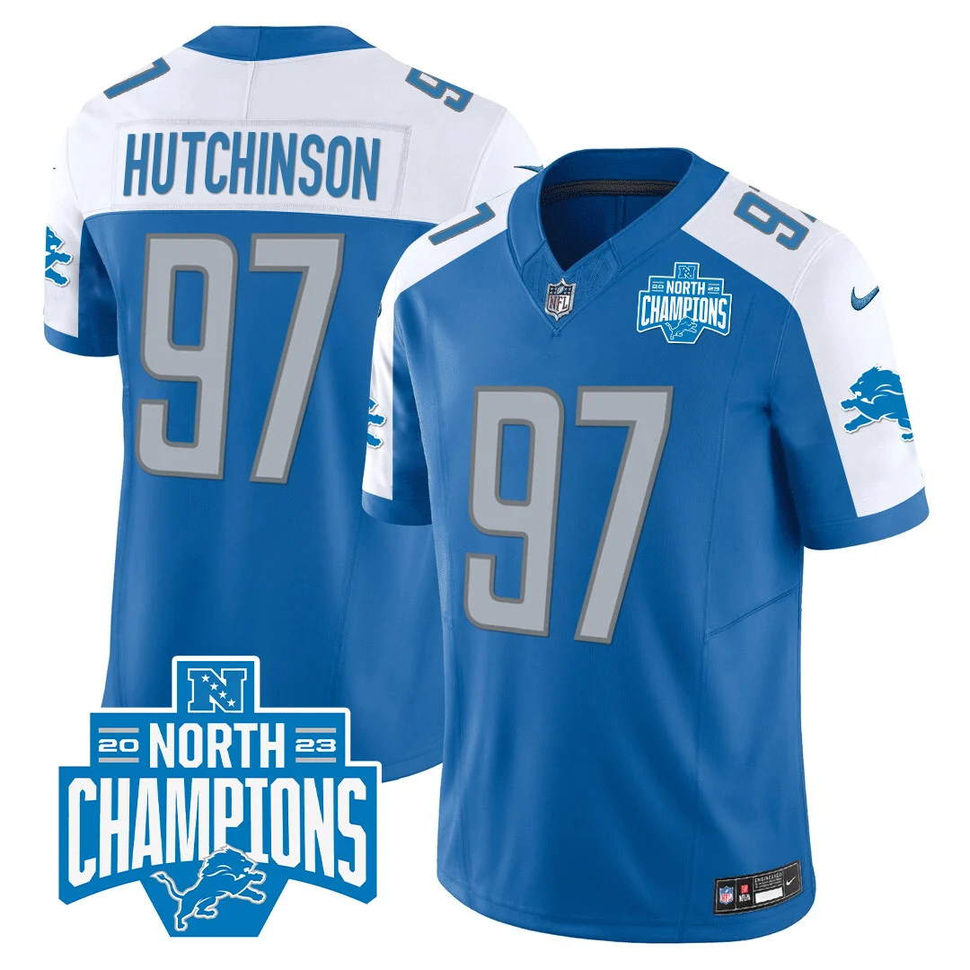 Mens Detroit Lions 2023 NFC North Division Champions Patch Vapor Jersey Hutchinson Jersey Blue Alternate
