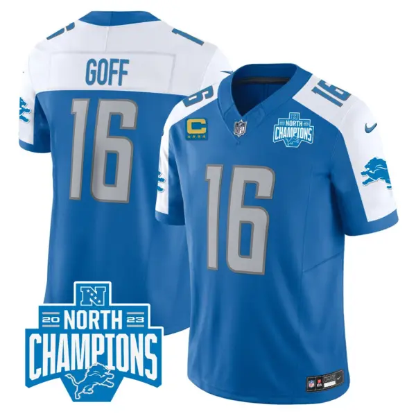 Mens Detroit Lions 2023 NFC North Division Champions Patch Vapor Jersey Jared Goff Jersey Blue Alternate