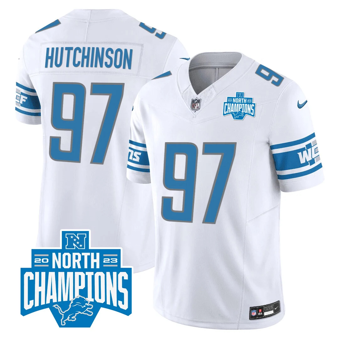 Mens Detroit Lions 2023 NFC North Division Champions Patch Vapor Jersey Hutchinson Jersey White