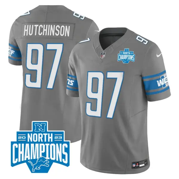 Mens Detroit Lions 2023 NFC North Division Champions Patch Vapor Jersey Hutchinson Jersey Gray