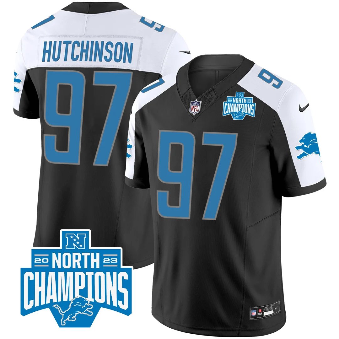 Mens Detroit Lions 2023 NFC North Division Champions Patch Vapor Jersey Hutchinson Jersey Black Alternate