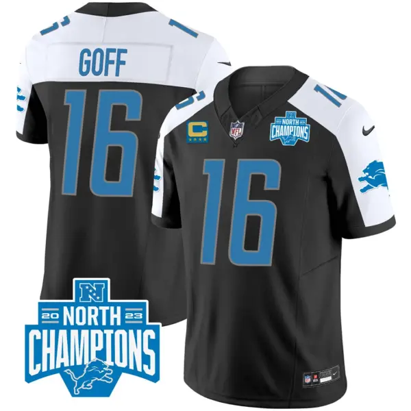 Mens Detroit Lions 2023 NFC North Division Champions Patch Vapor Jersey Jared Goff Jersey Black Alternate