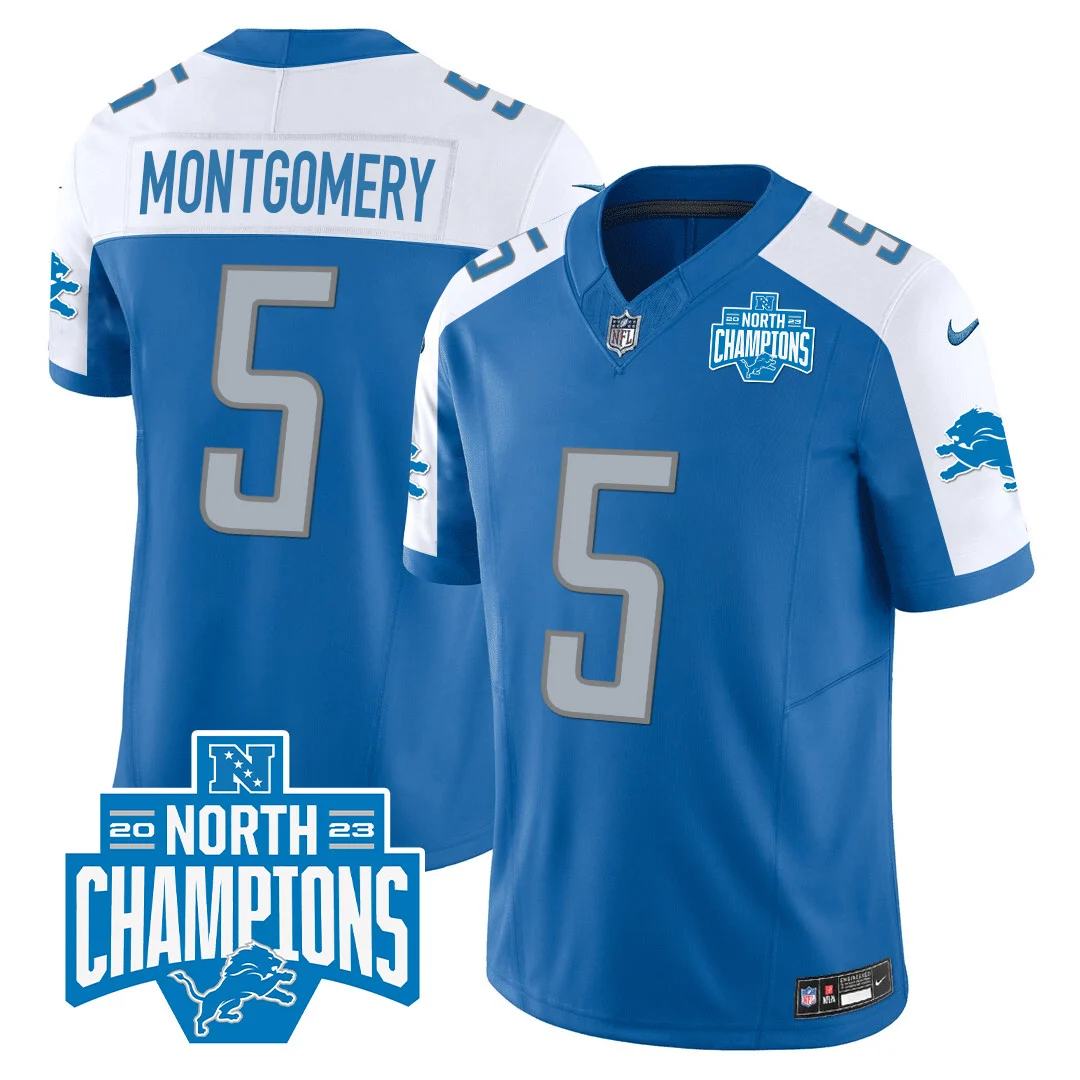 Mens Detroit Lions 2023 NFC North Division Champions Patch Vapor Jersey David Montgomery Jersey Blue Alternate