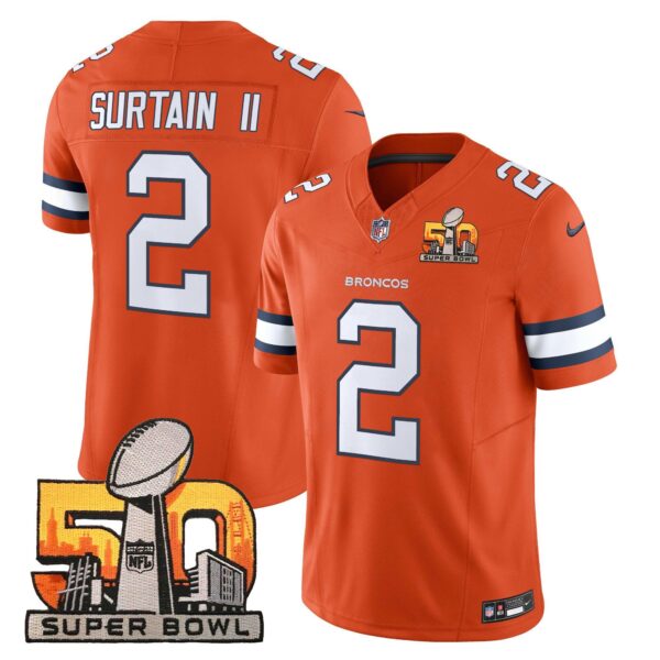 Mens Denver Broncos Super Bowl 50 Patch Vapor Limited Jersey Patrick Surtain II Jersey Orange