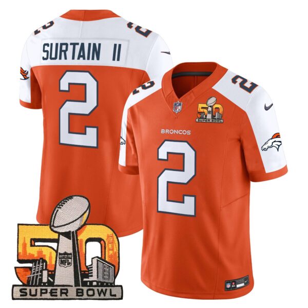 Mens Denver Broncos Super Bowl 50 Patch Vapor Limited Jersey Patrick Surtain II Jersey Orange Alternate