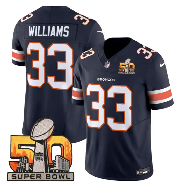 Mens Denver Broncos Super Bowl 50 Patch Vapor Limited Jersey Javonte Williams Jersey Navy