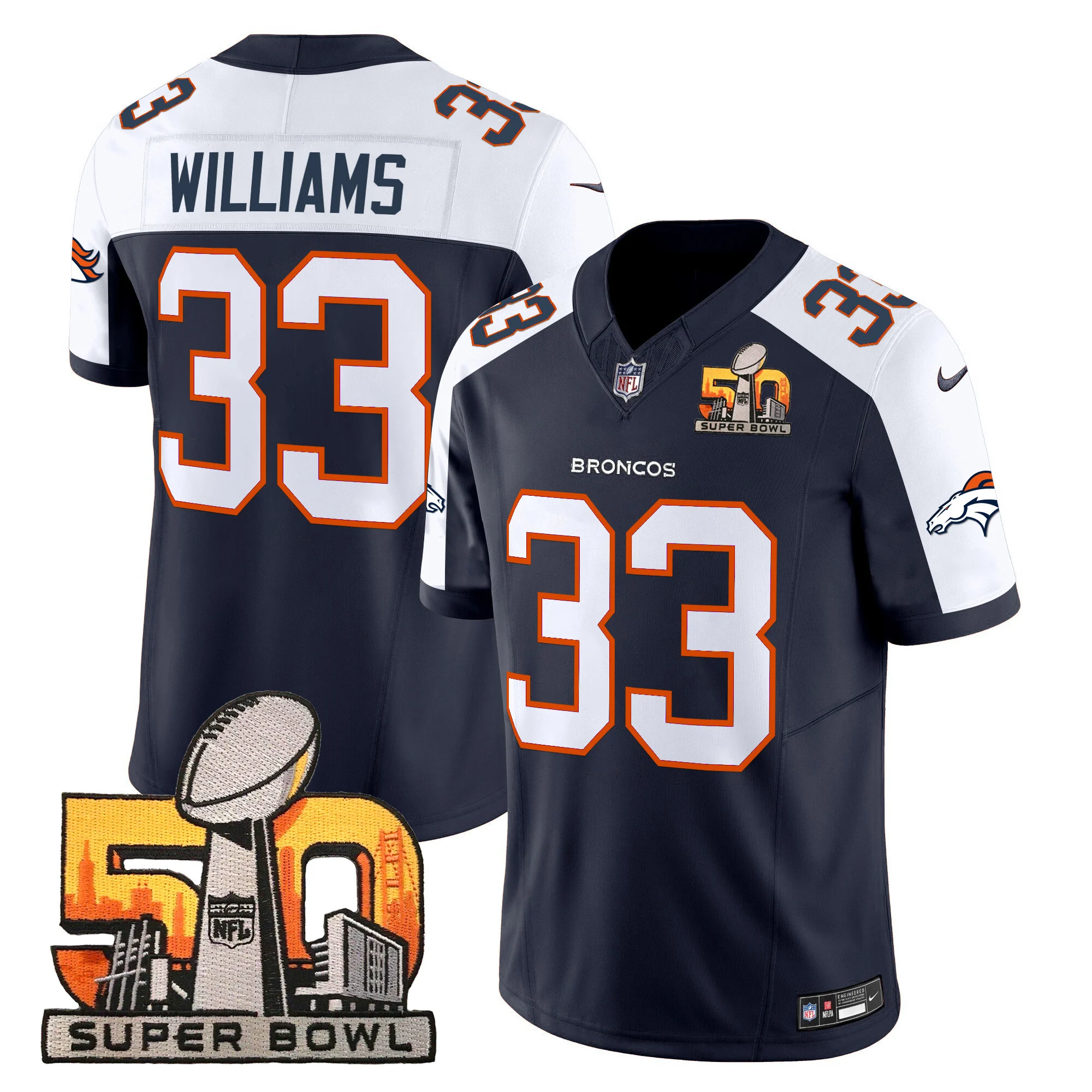 Mens Denver Broncos Super Bowl 50 Patch Vapor Limited Jersey Javonte Williams Jersey Navy Alternate