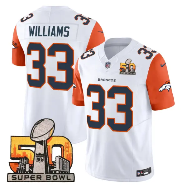 Mens Denver Broncos Super Bowl 50 Patch Vapor Limited Jersey Javonte Williams Jersey Orange Sleeves