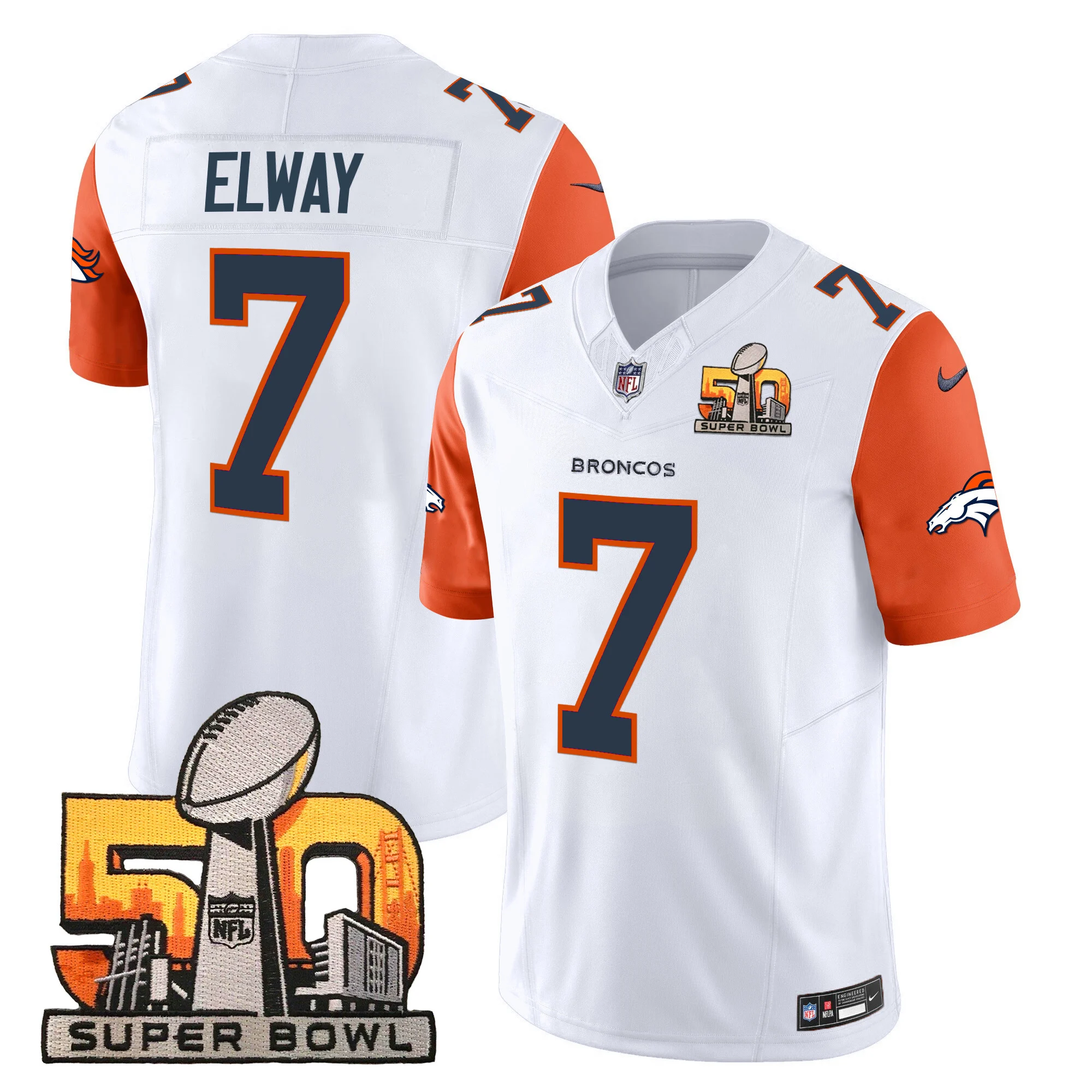 Mens Denver Broncos Super Bowl 50 Patch Vapor Limited Jersey John Elway Jersey Orange Sleeves
