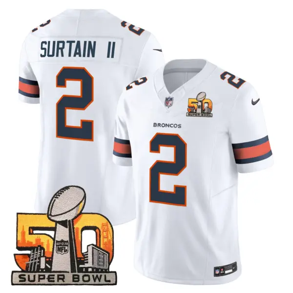 Mens Denver Broncos Super Bowl 50 Patch Vapor Limited Jersey Patrick Surtain II Jersey White