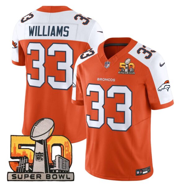 Mens Denver Broncos Super Bowl 50 Patch Vapor Limited Jersey Javonte Williams Jersey Orange Alternate
