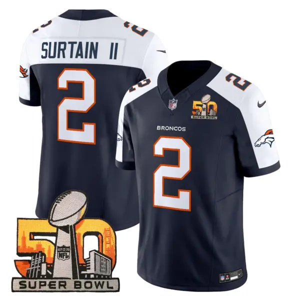 Mens Denver Broncos Super Bowl 50 Patch Vapor Limited Jersey Patrick Surtain II Jersey Navy Alternate