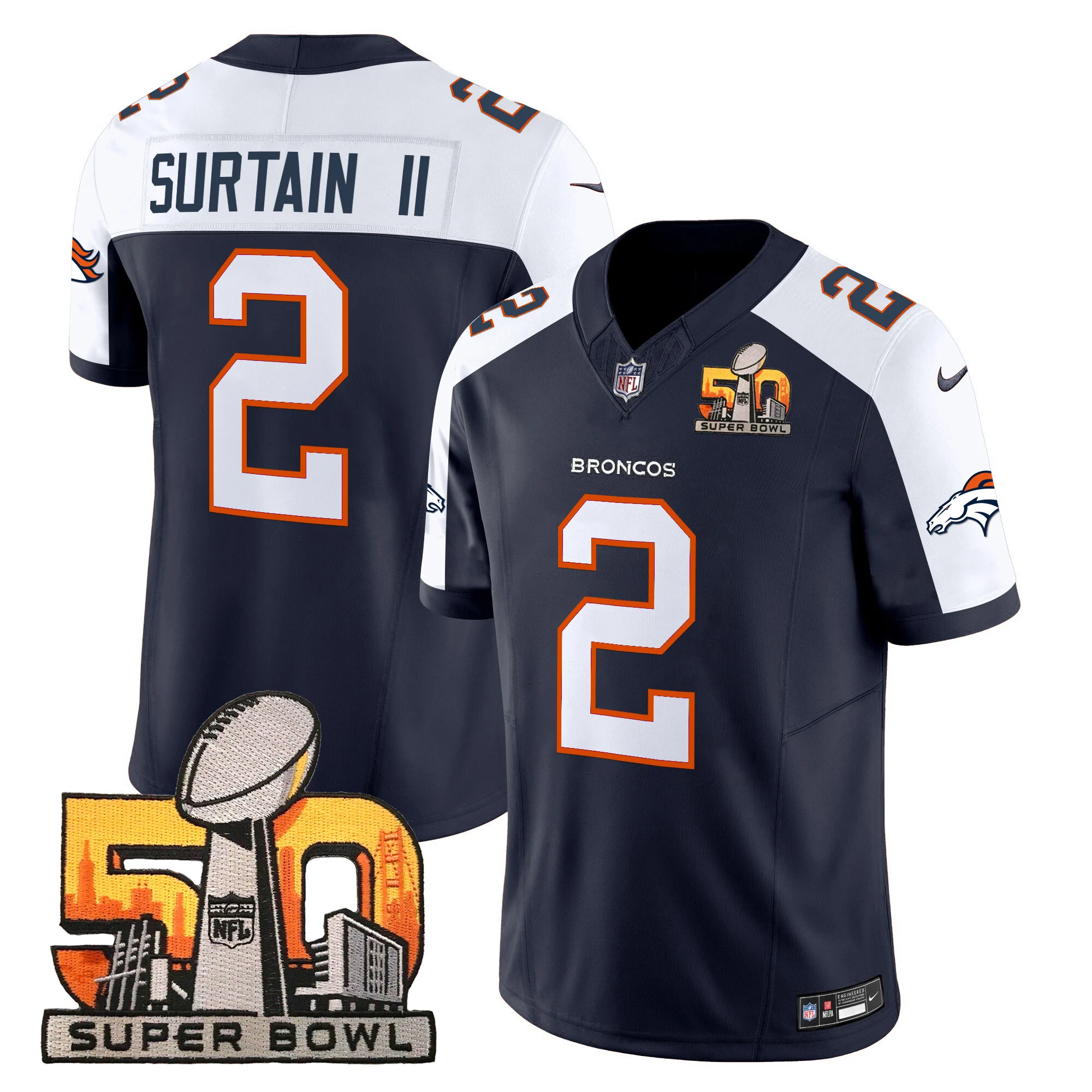 Mens Denver Broncos Super Bowl 50 Patch Vapor Limited Jersey Patrick Surtain II Jersey Navy Alternate