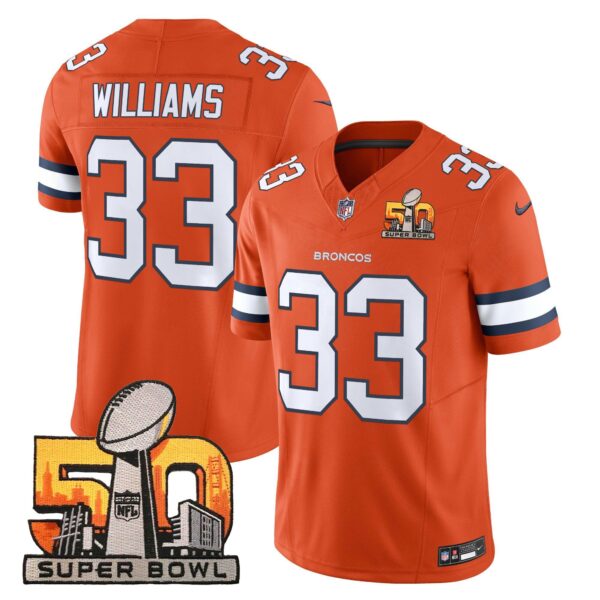 Mens Denver Broncos Super Bowl 50 Patch Vapor Limited Jersey Javonte Williams Jersey Orange