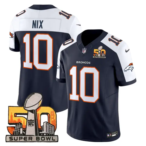 Mens Denver Broncos Super Bowl 50 Patch Vapor Limited Jersey Bo Nix Jersey Navy Alternate