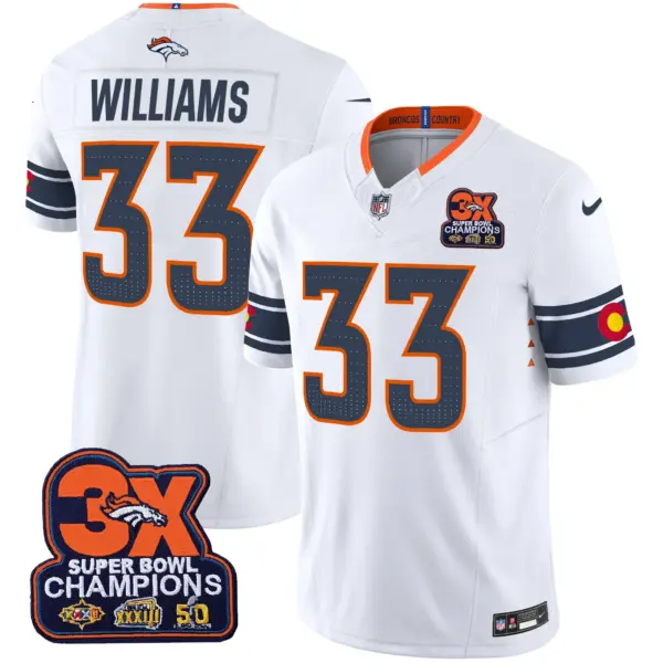 Mens Denver Broncos 3X Patch Colorado Flag Vapor Limited Jersey Javonte Williams Jersey White