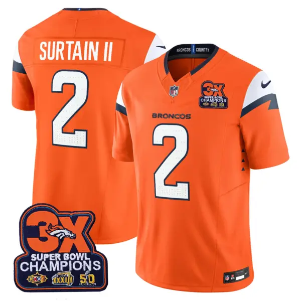 Mens Denver Broncos 3 Time Champions Patch Vapor Limited Jersey Patrick Surtain II Jersey Orange