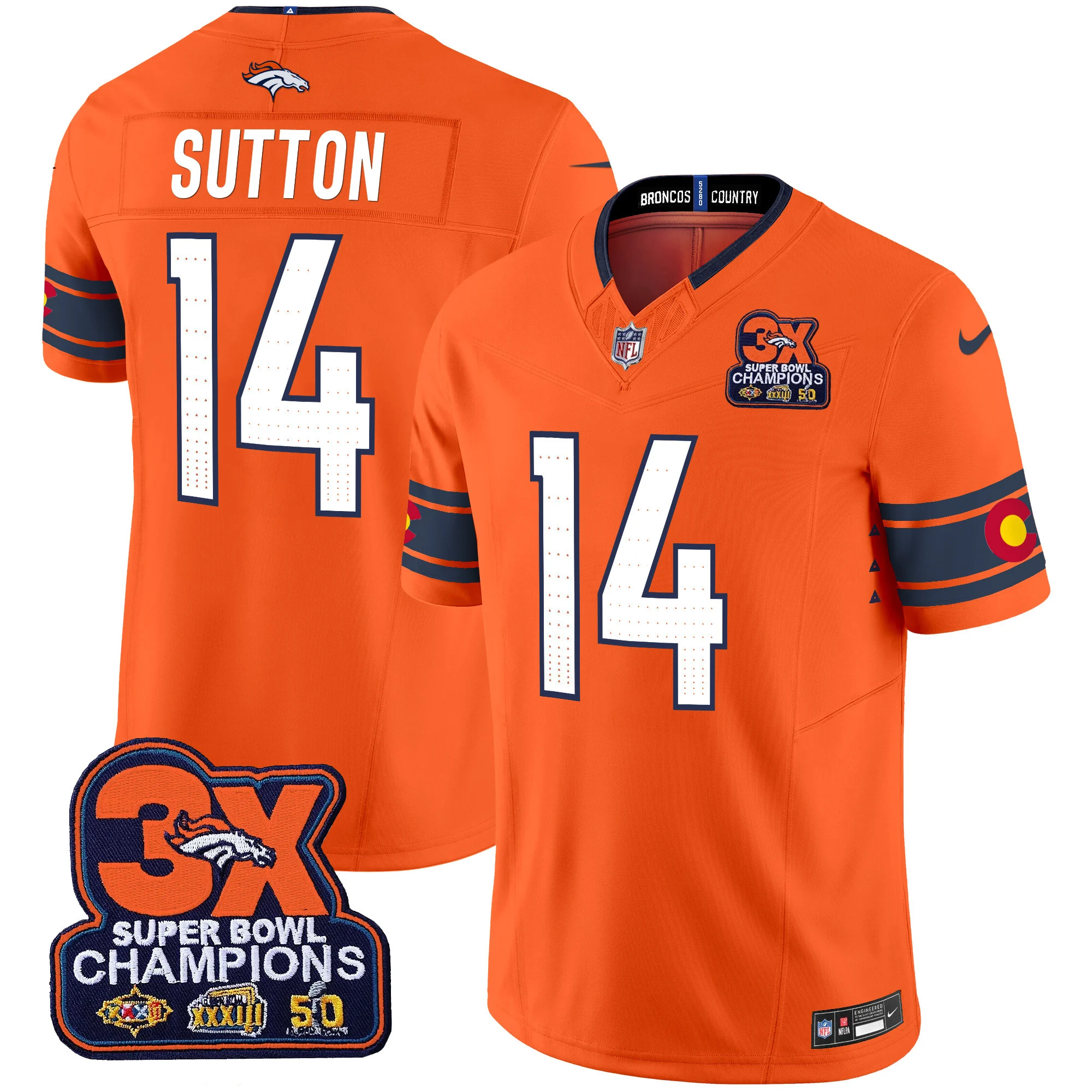Mens Denver Broncos 3X Patch Colorado Flag Vapor Limited Jersey Courtland Sutton Jersey Orange