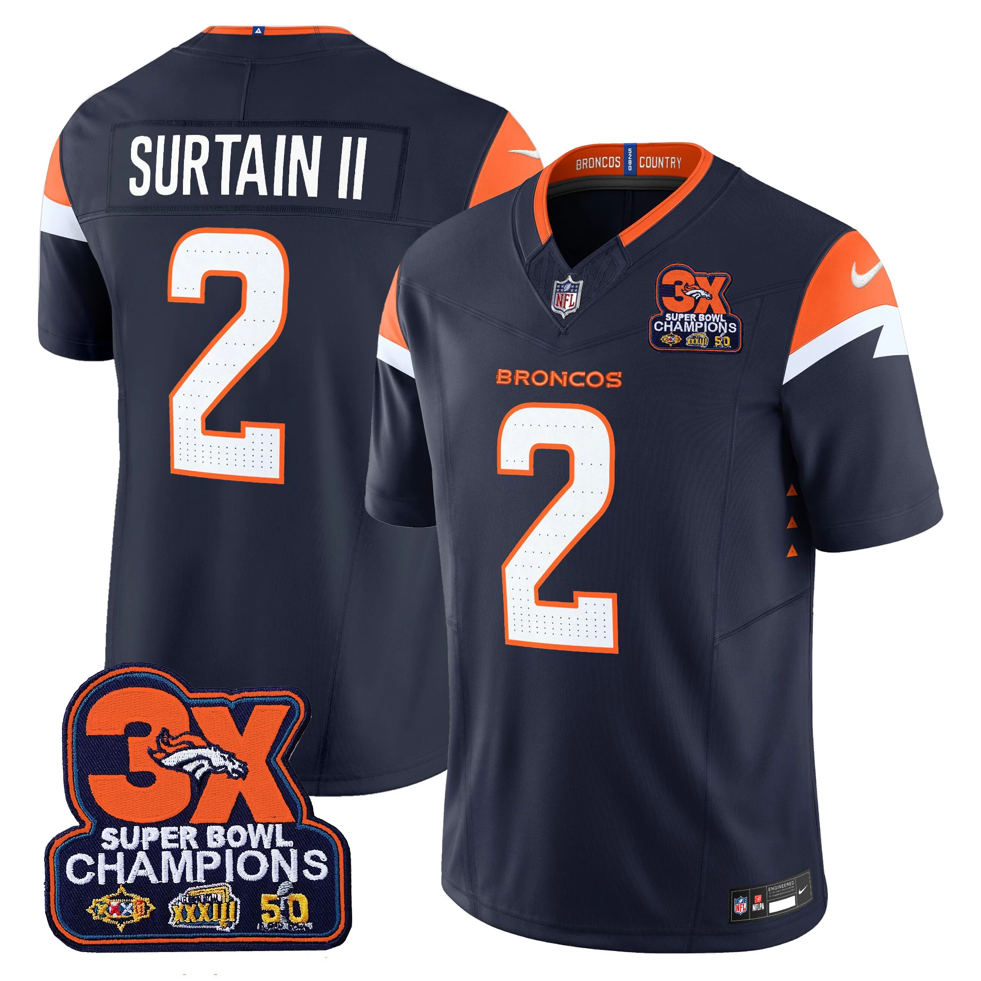 Mens Denver Broncos 3 Time Champions Patch Vapor Limited Jersey Patrick Surtain II Jersey Navy