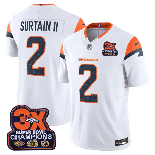 Mens Denver Broncos 3 Time Champions Patch Vapor Limited Jersey Patrick Surtain II Jersey White