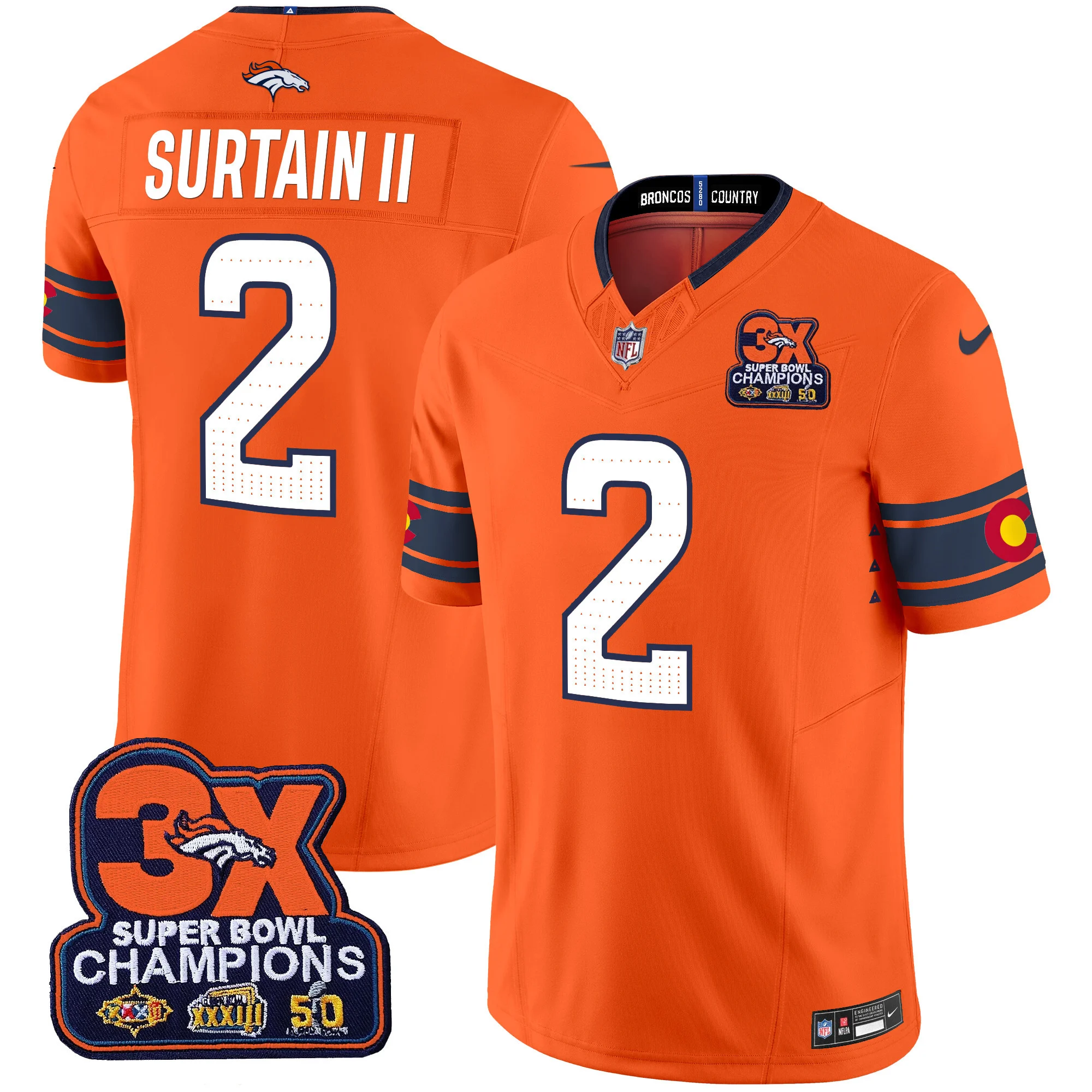 Mens Denver Broncos 3X Patch Colorado Flag Vapor Limited Jersey Patrick Surtain II Jersey Orange