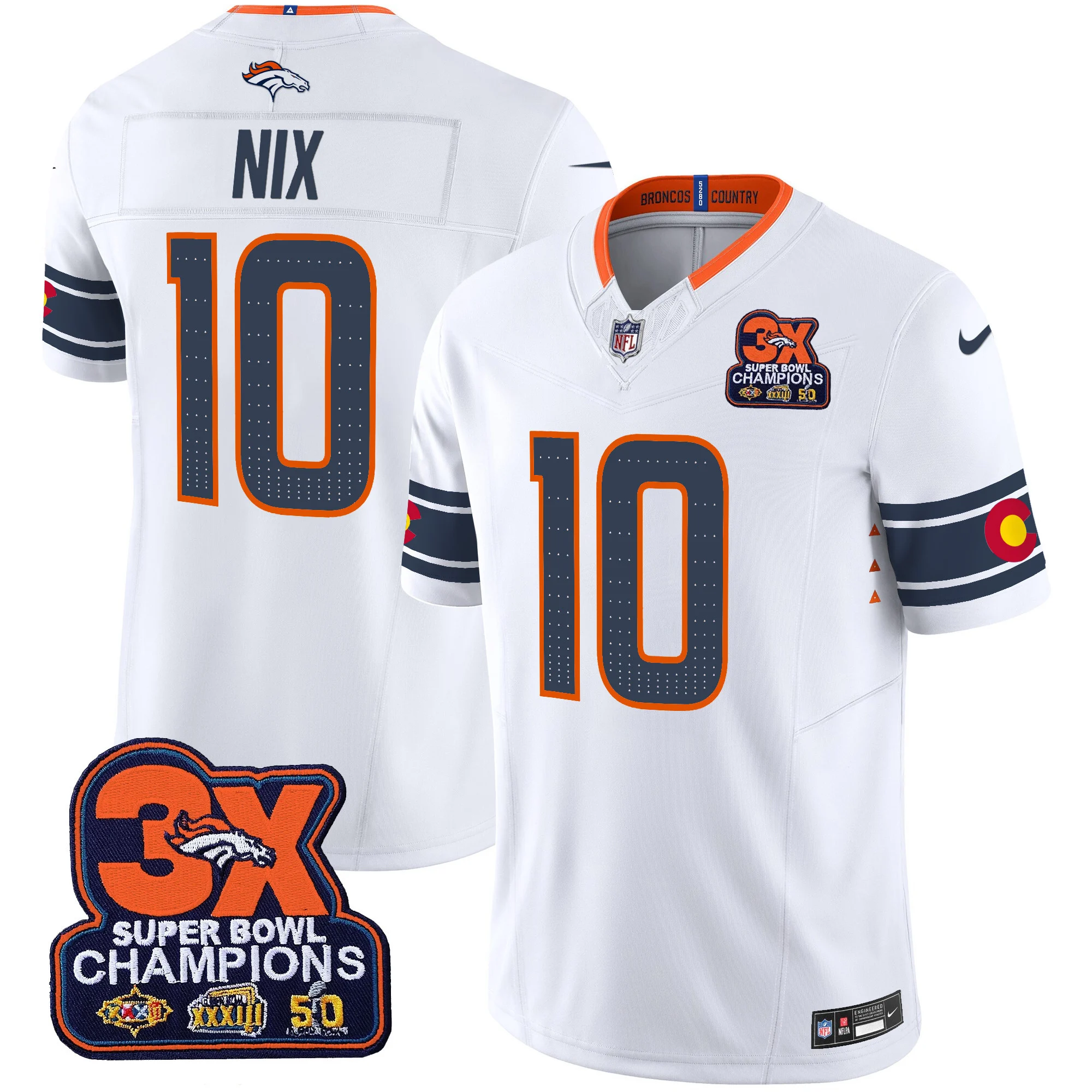 Mens Denver Broncos 3X Patch Colorado Flag Vapor Limited Jersey Bo Nix Jersey White
