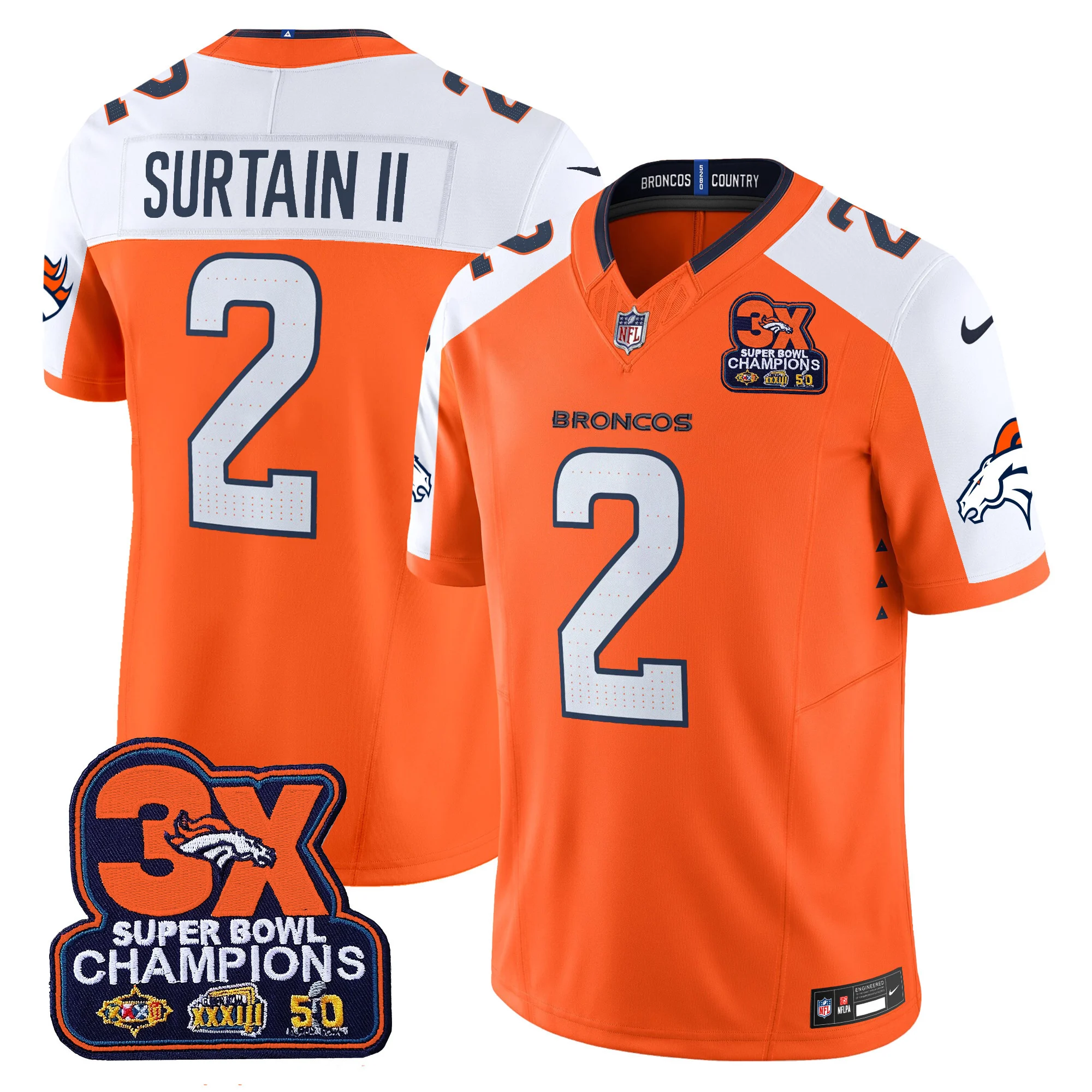 Mens Denver Broncos 3 Time Champions Patch Vapor Limited Jersey Patrick Surtain II Jersey Orange Alternate