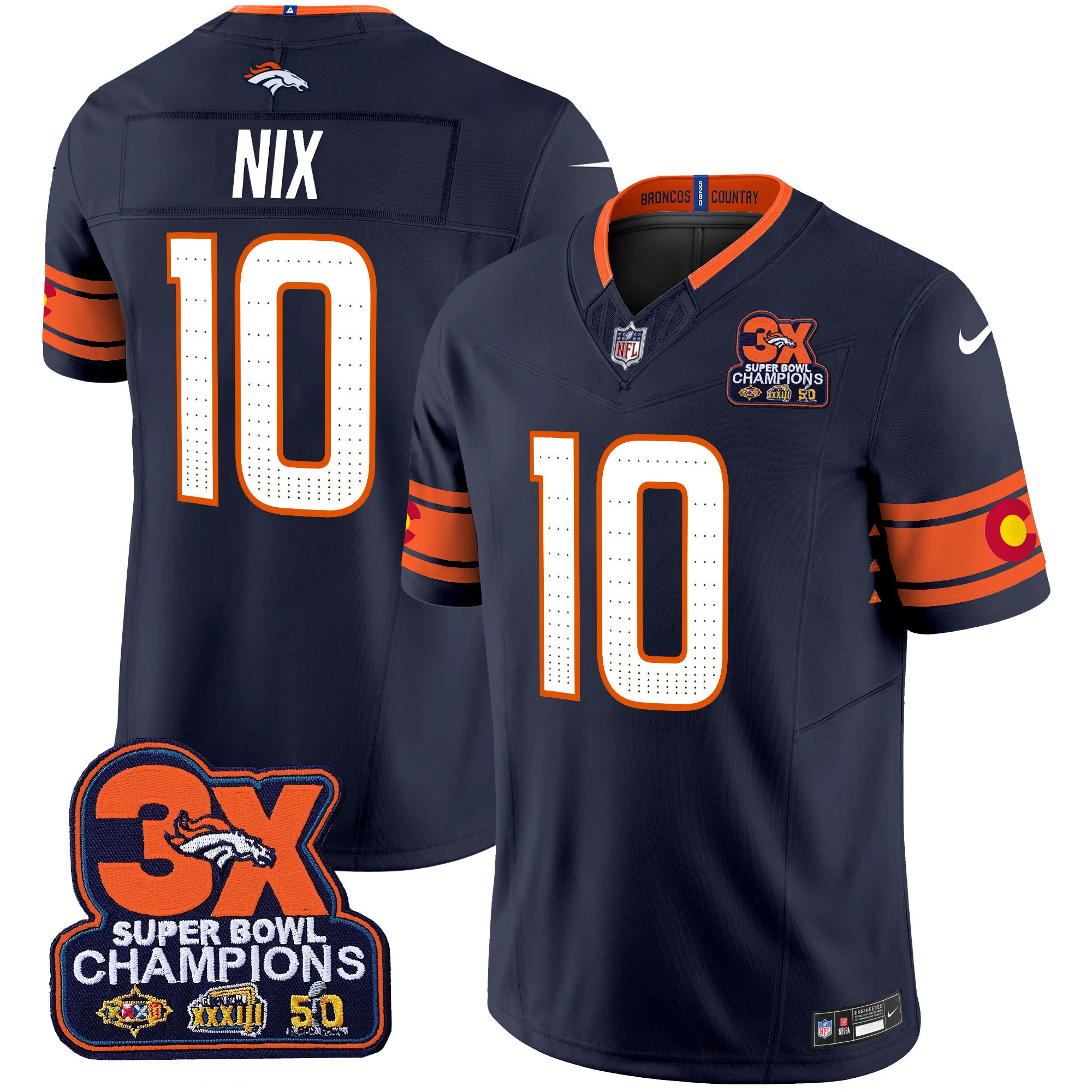 Mens Denver Broncos 3X Patch Colorado Flag Vapor Limited Jersey Bo Nix Jersey Navy