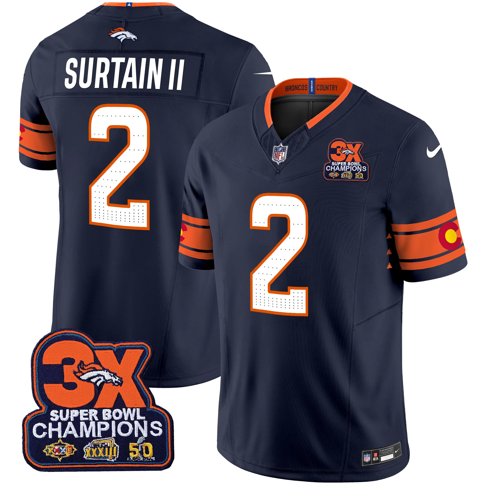 Mens Denver Broncos 3X Patch Colorado Flag Vapor Limited Jersey Patrick Surtain II Jersey Navy