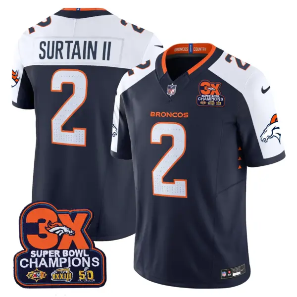 Mens Denver Broncos 3 Time Champions Patch Vapor Limited Jersey Patrick Surtain II Jersey Navy Alternate
