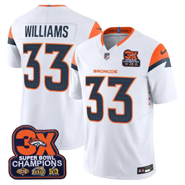 Mens Denver Broncos 3 Time Champions Patch Vapor Limited Jersey Javonte Williams Jersey White