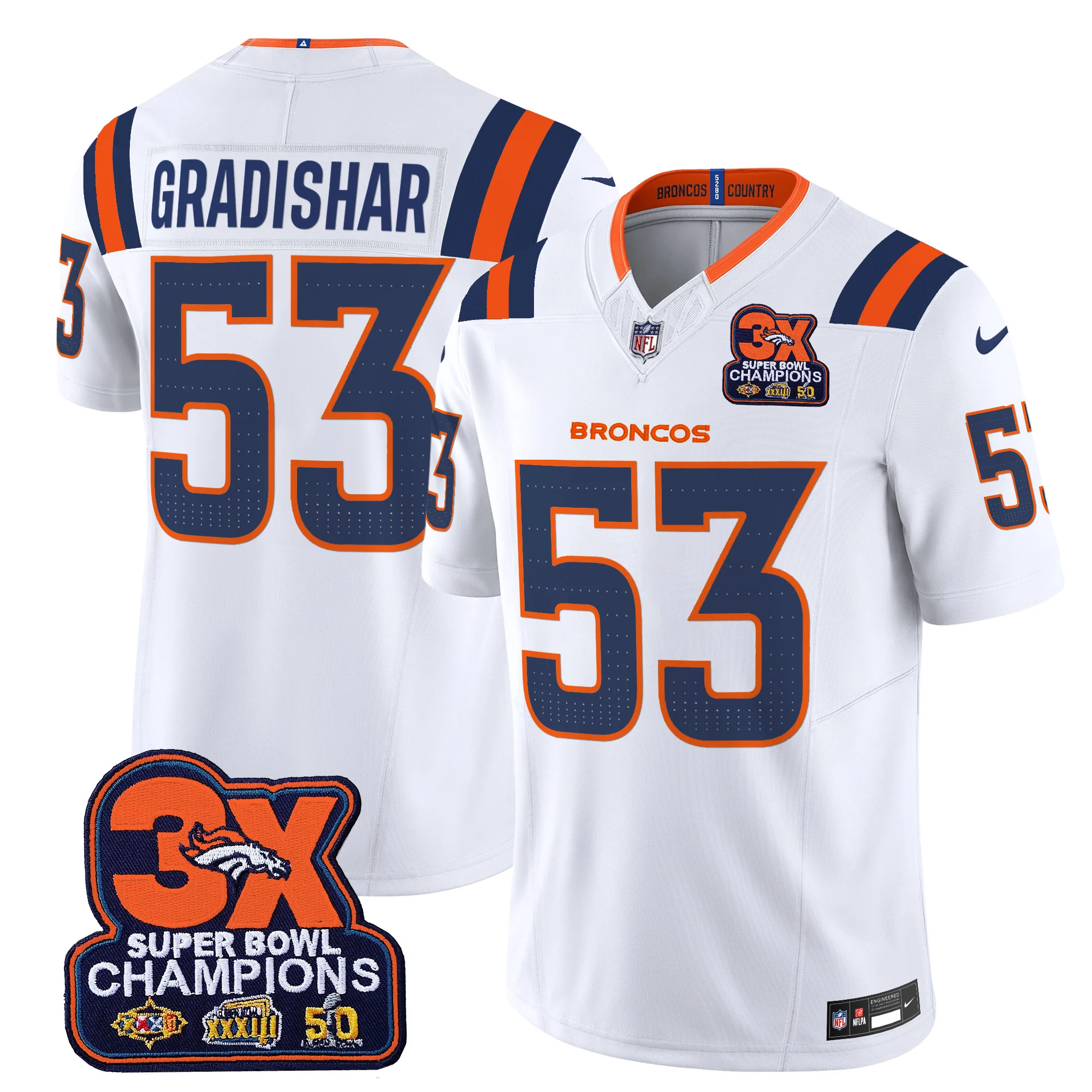Mens Denver Broncos 3 Time Champions Patch Vapor Limited Jersey V2 Randy Gradishar Jersey White