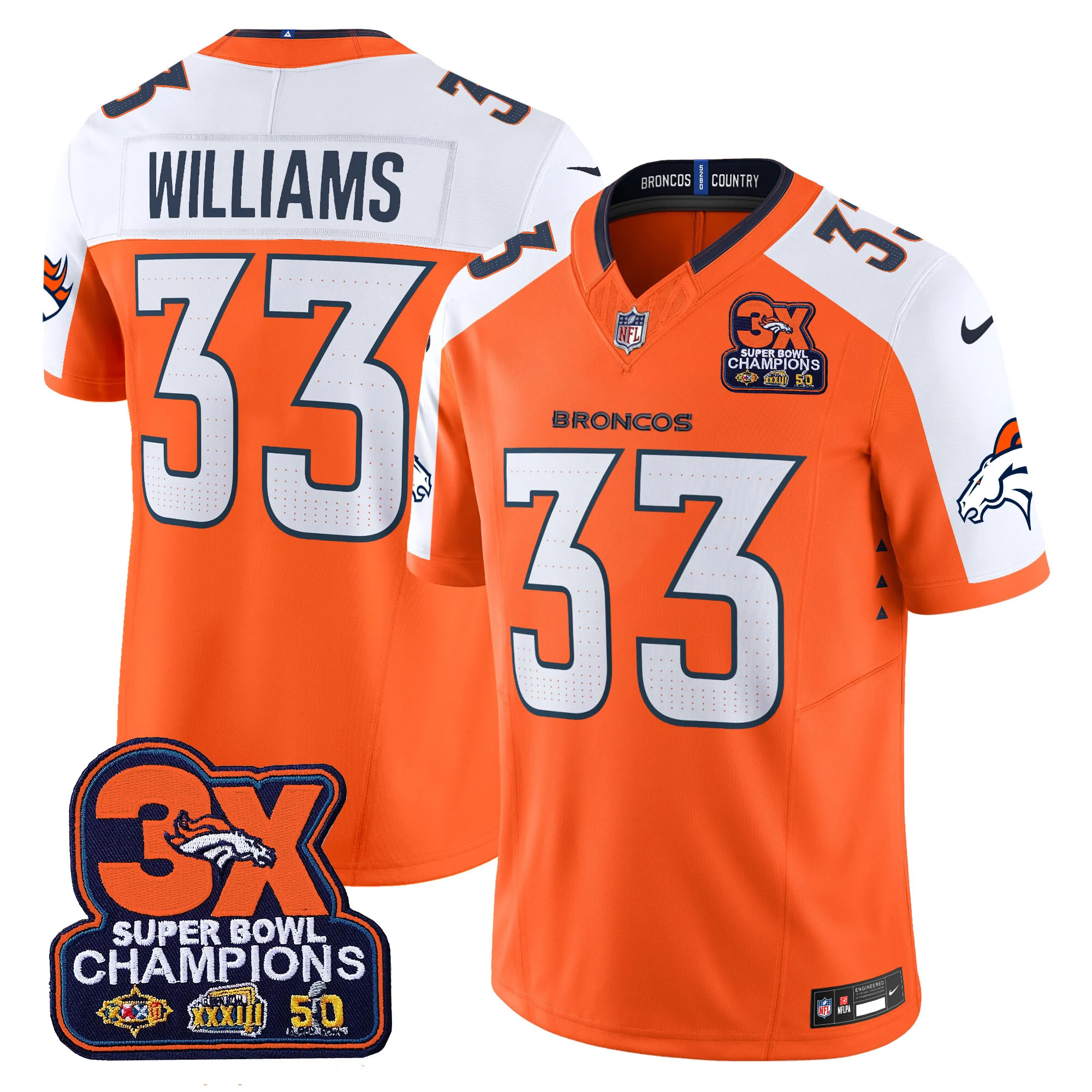 Mens Denver Broncos 3 Time Champions Patch Vapor Limited Jersey Javonte Williams Jersey Orange Alternate