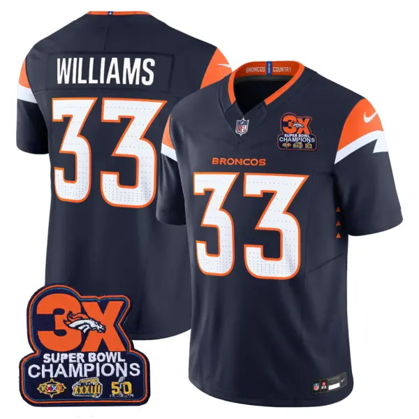 Mens Denver Broncos 3 Time Champions Patch Vapor Limited Jersey Javonte Williams Jersey Navy