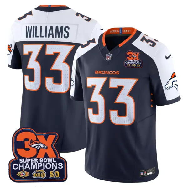 Mens Denver Broncos 3 Time Champions Patch Vapor Limited Jersey Javonte Williams Jersey Navy Alternate