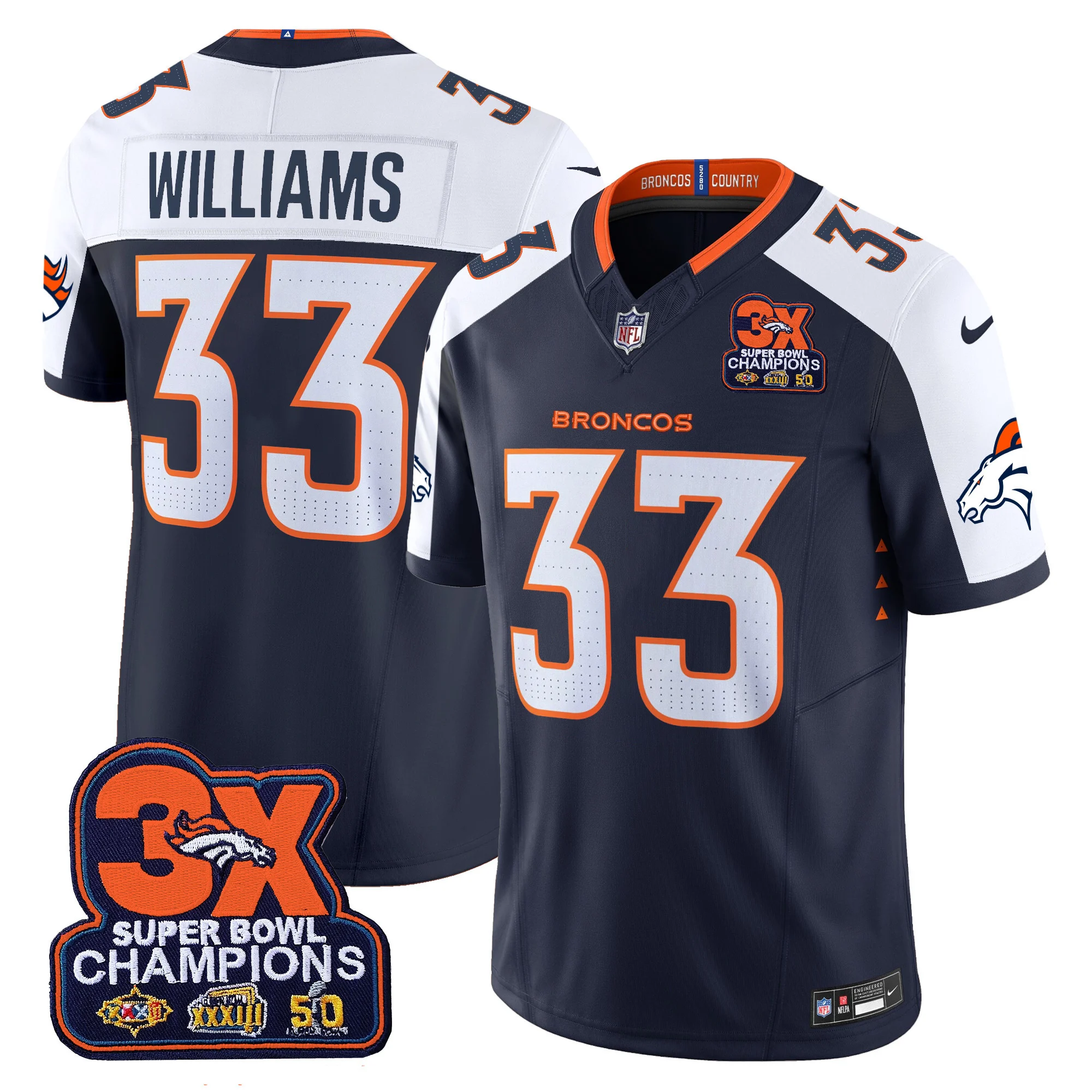 Mens Denver Broncos 3 Time Champions Patch Vapor Limited Jersey Javonte Williams Jersey Navy Alternate