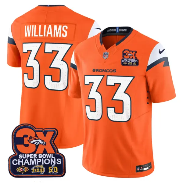 Mens Denver Broncos 3 Time Champions Patch Vapor Limited Jersey Javonte Williams Jersey Orange