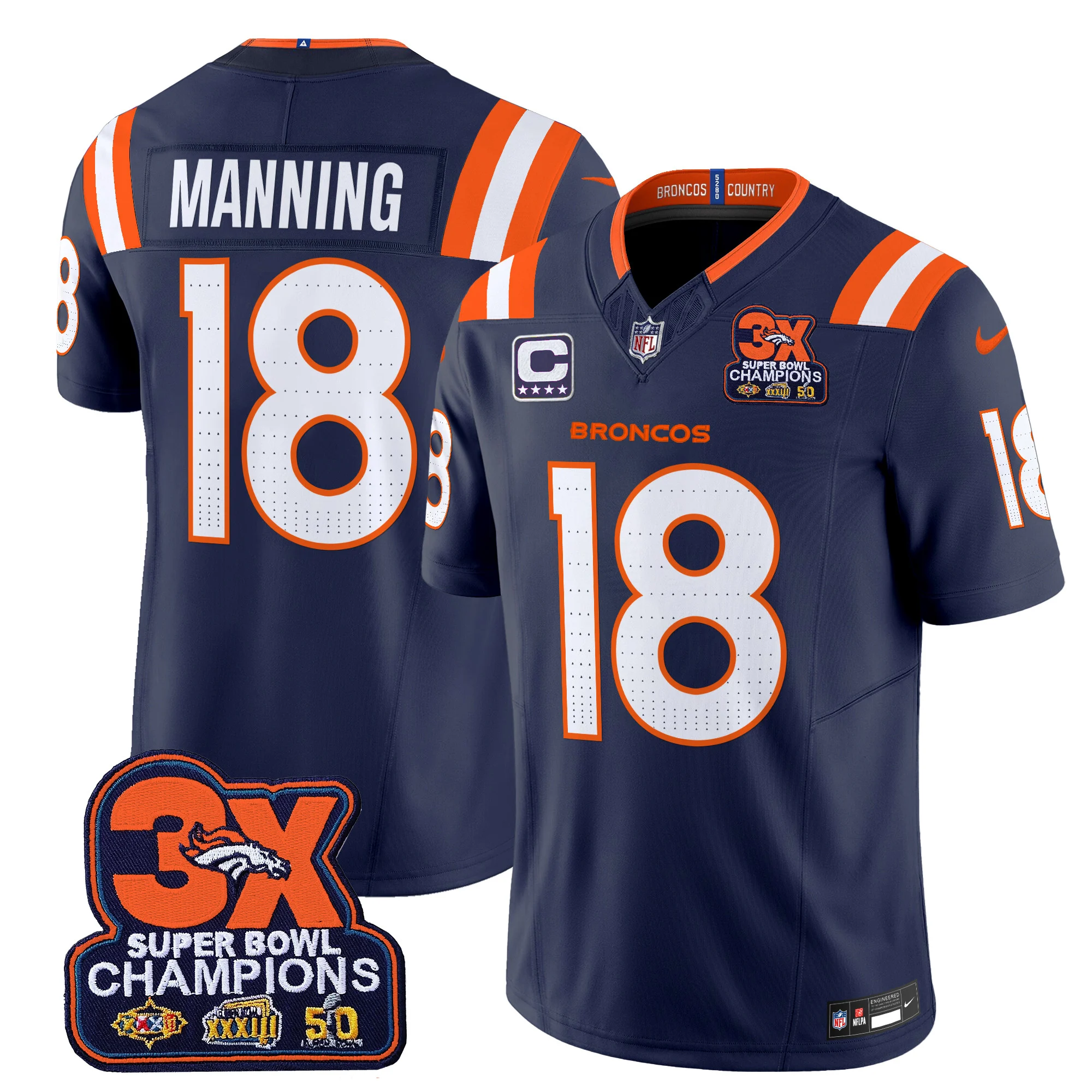 Mens Denver Broncos 3 Time Champions Patch Vapor Limited Jersey V2 Peyton Manning Jersey Navy