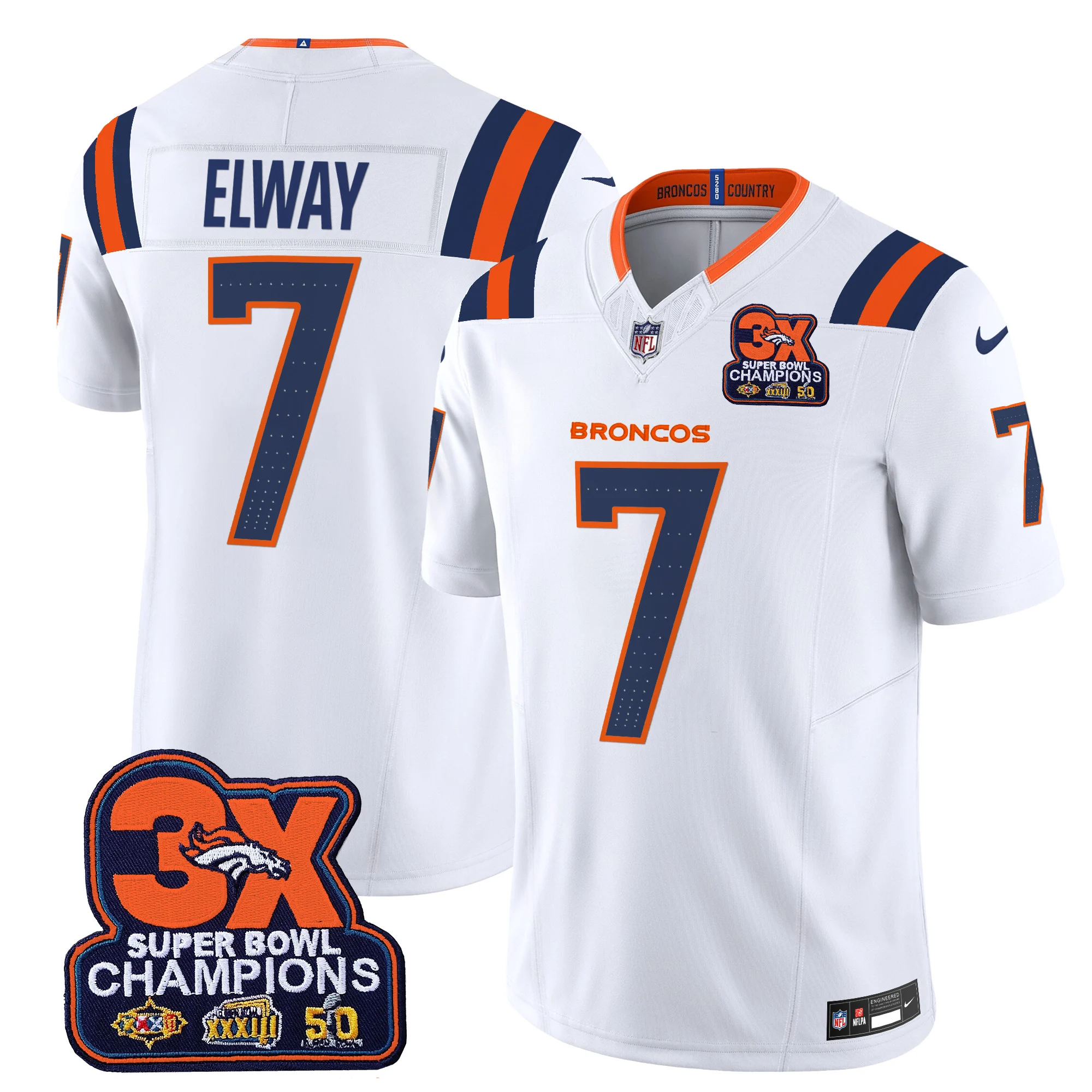 Mens Denver Broncos 3 Time Champions Patch Vapor Limited Jersey V2 John Elway Jersey White