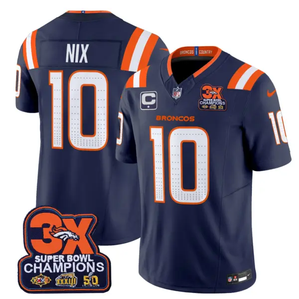 Mens Denver Broncos 3 Time Champions Patch Vapor Limited Jersey V2 Bo Nix Jersey Navy