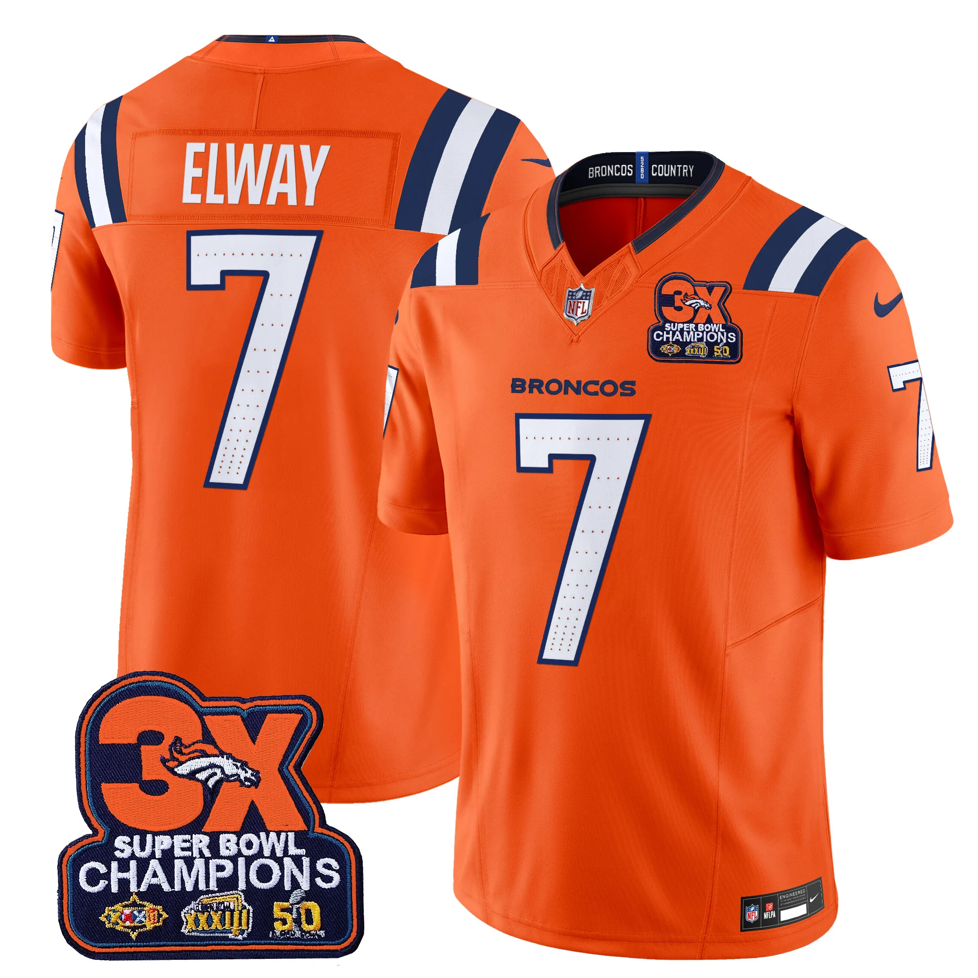 Mens Denver Broncos 3 Time Champions Patch Vapor Limited Jersey V2 John Elway Jersey Orange