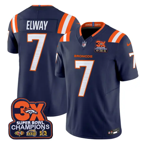 Mens Denver Broncos 3 Time Champions Patch Vapor Limited Jersey V2 John Elway Jersey Navy