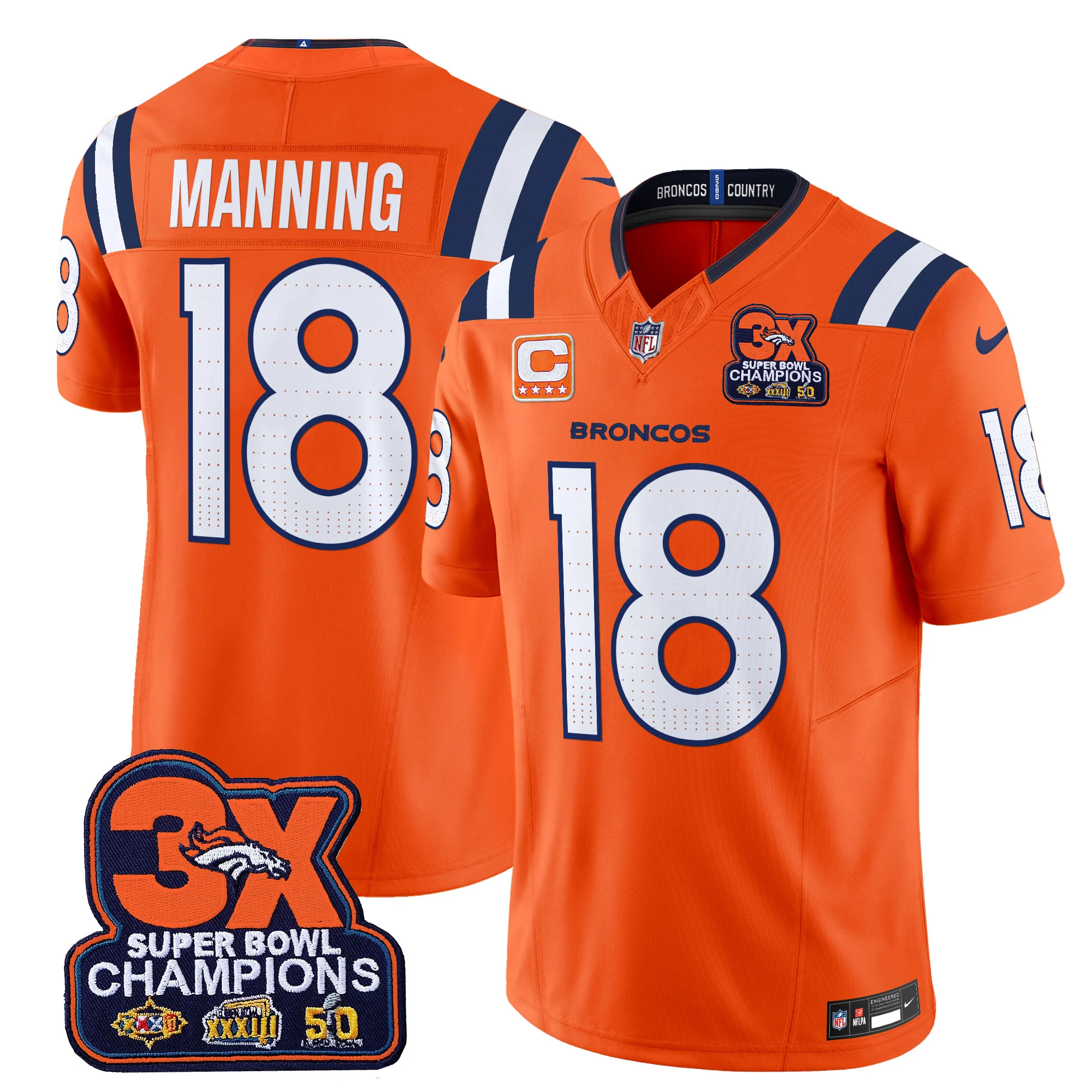 Mens Denver Broncos 3 Time Champions Patch Vapor Limited Jersey V2 Peyton Manning Jersey Orange