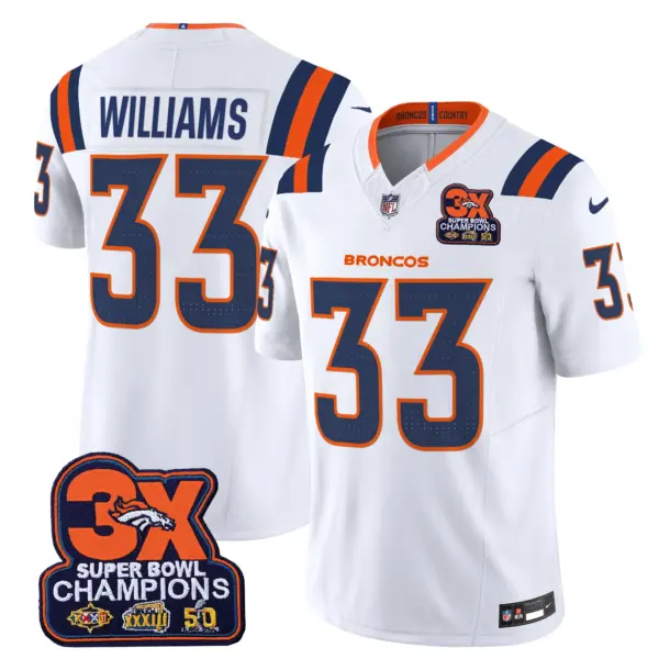Mens Denver Broncos 3 Time Champions Patch Vapor Limited Jersey V2 Javonte Williams Jersey White