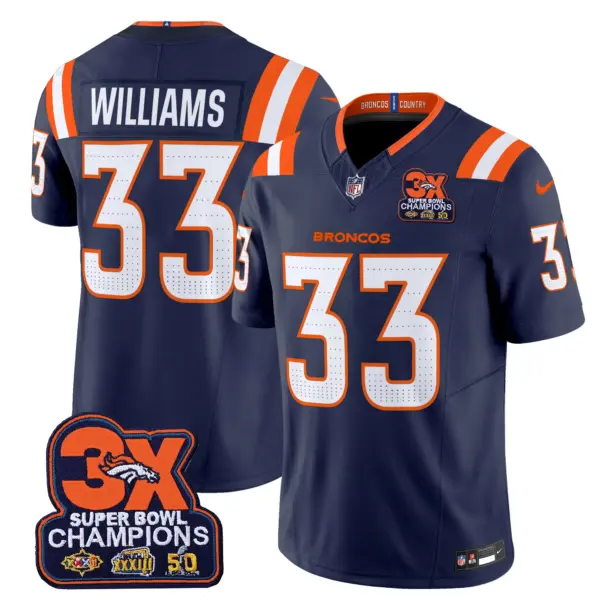 Mens Denver Broncos 3 Time Champions Patch Vapor Limited Jersey V2 Javonte Williams Jersey Navy
