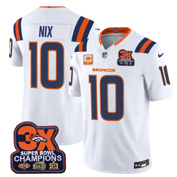 Mens Denver Broncos 3 Time Champions Patch Vapor Limited Jersey V2 Bo Nix Jersey White