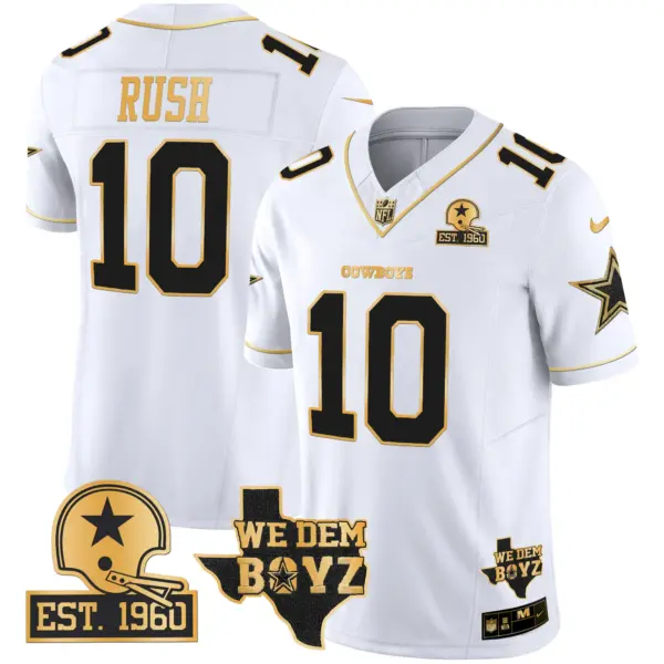 Mens Dallas Cowboys Est 1960 We Dem Boyz Patch Gold Vapor Limited Jersey V2 Cooper Rush Jersey White Gold